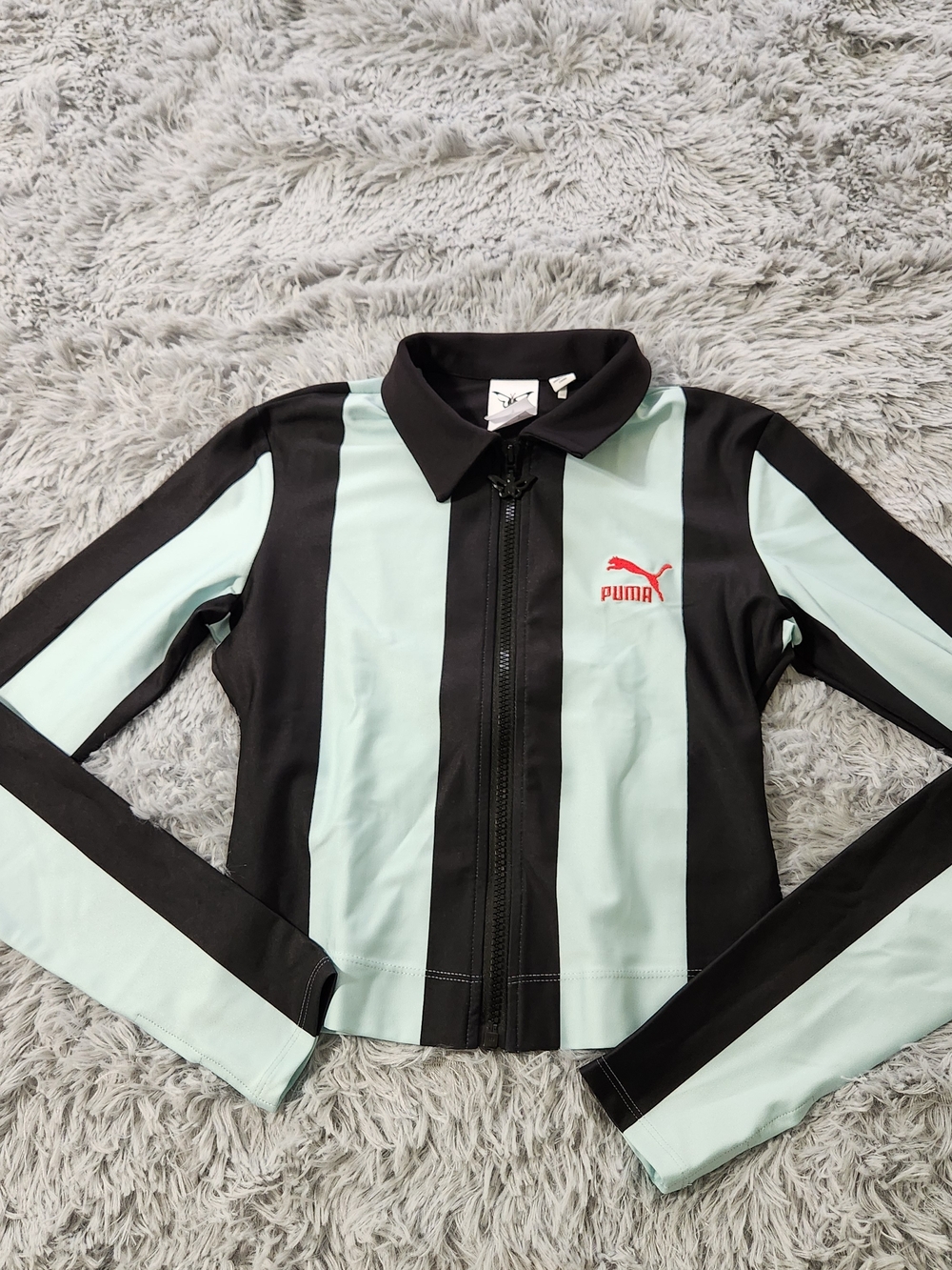 Puma x Dua Lipa Black and Mint Green Striped Cropped Zip Up Track Jacket